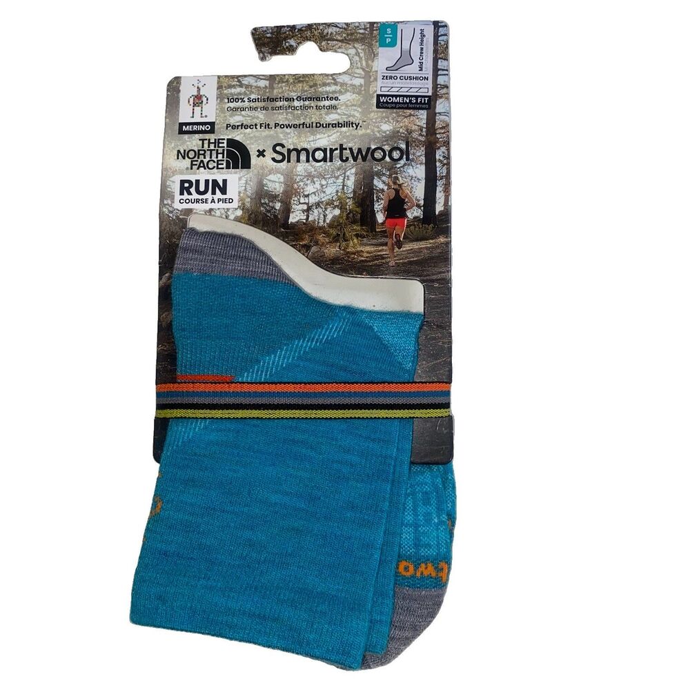 TNF x Smartwool Women's Run Zero Cushion Mid Crew Socks S Merino Wool Blue NEW